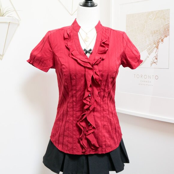 Red Ruffle Button Down Blouse 🐦‍🔥 EXPRESS - Picture 1 of 8